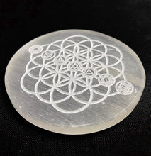 Load image into Gallery viewer, SELENITE MINI GRID • CHAKRAS on SEED OF LIFE
